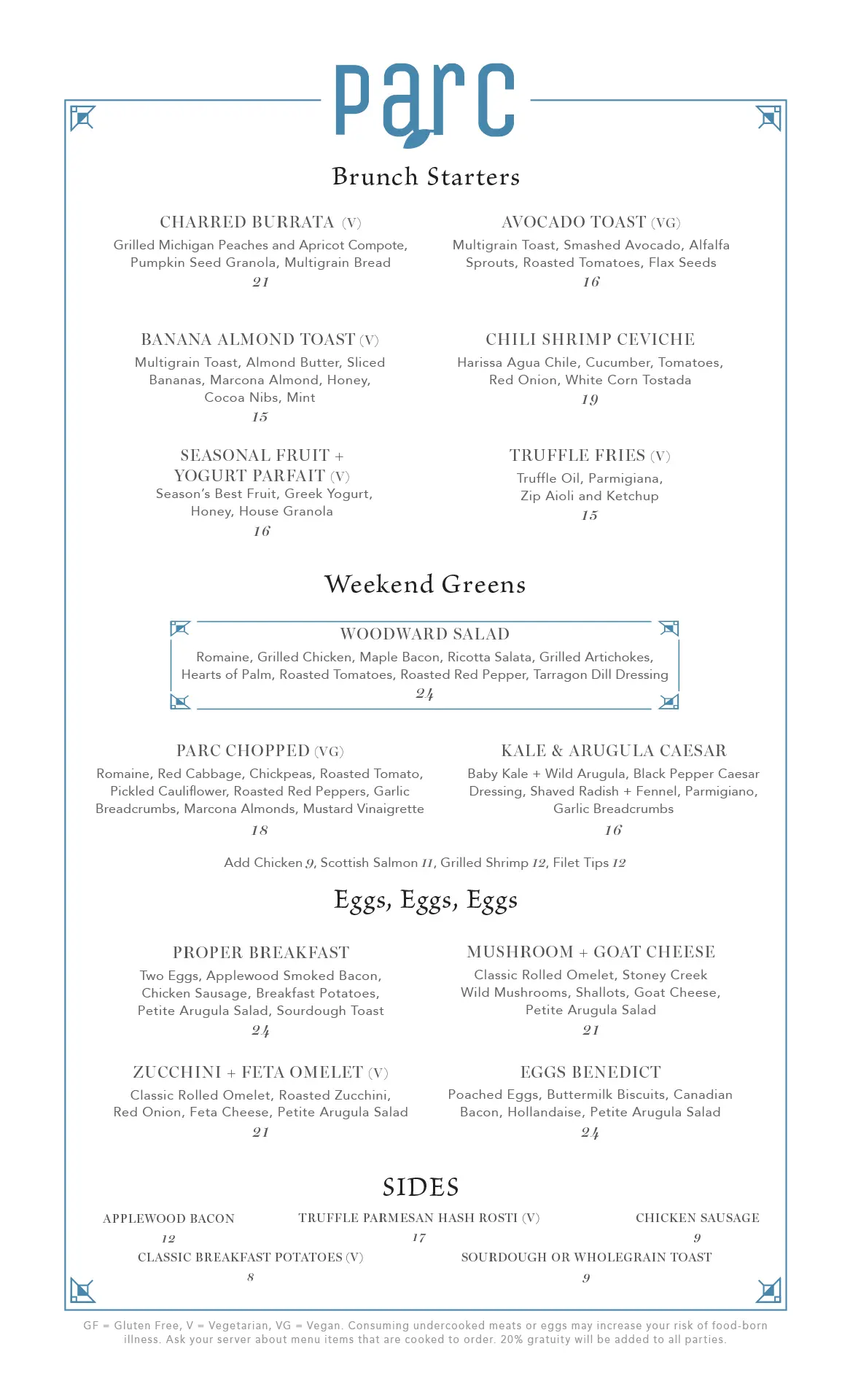Parc brunch menu pg1