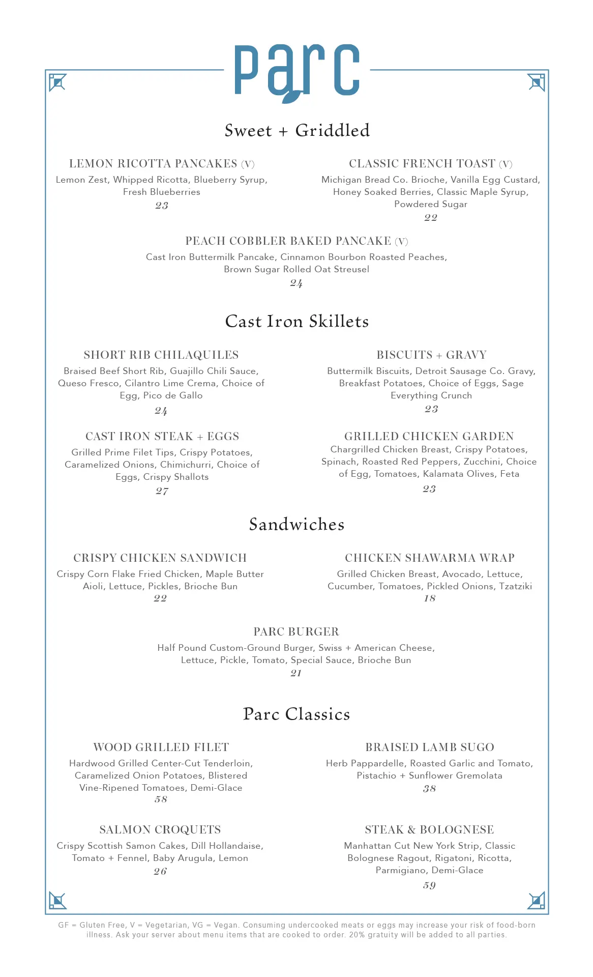 Parc brunch menu pg2