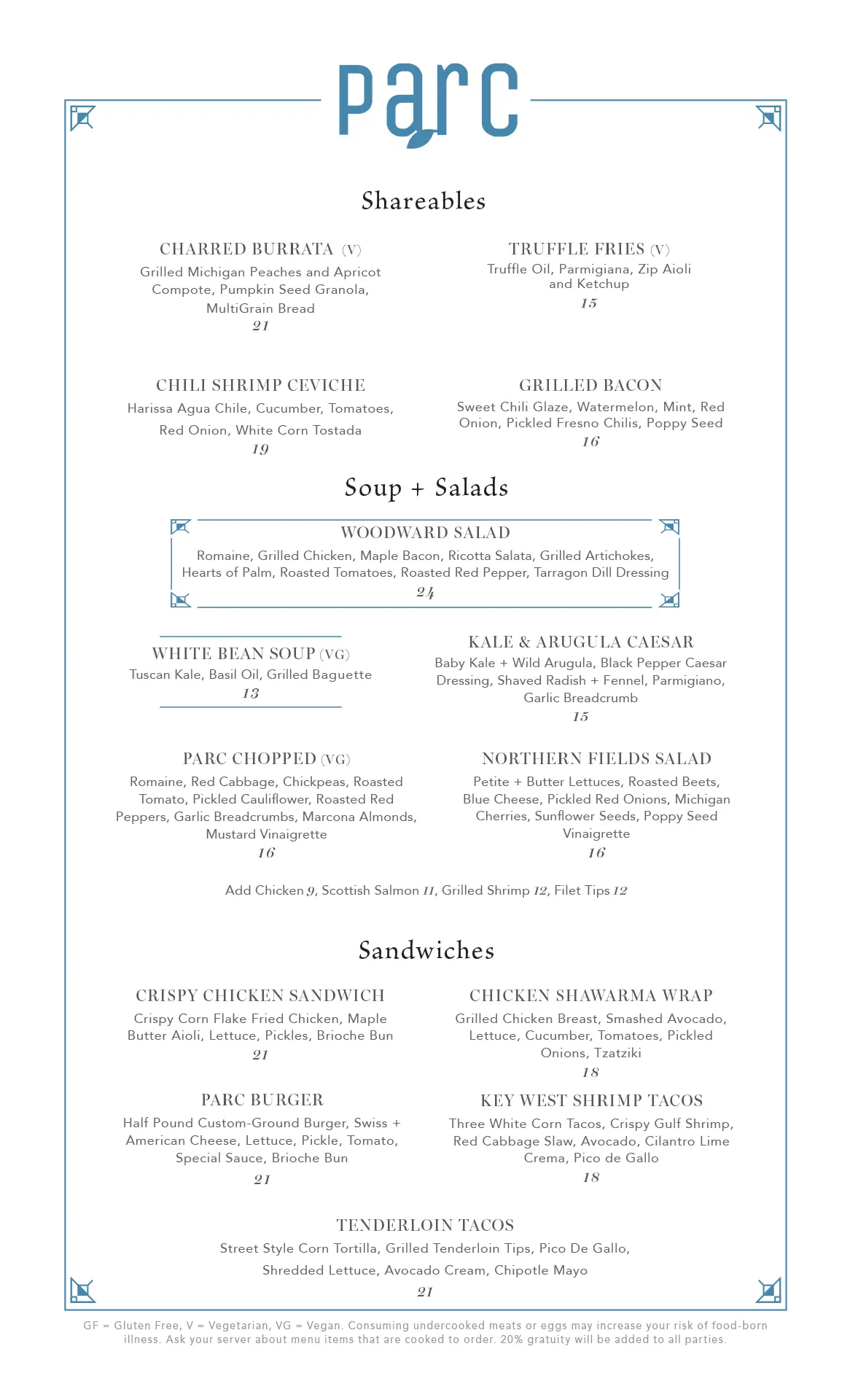 Parc lunch menu pg1